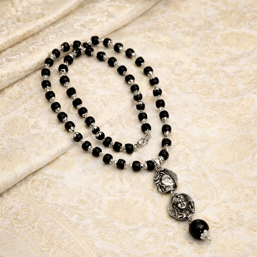 Karungali Silver Cap Mala with Adiyogi & Lord Murugan Pendant