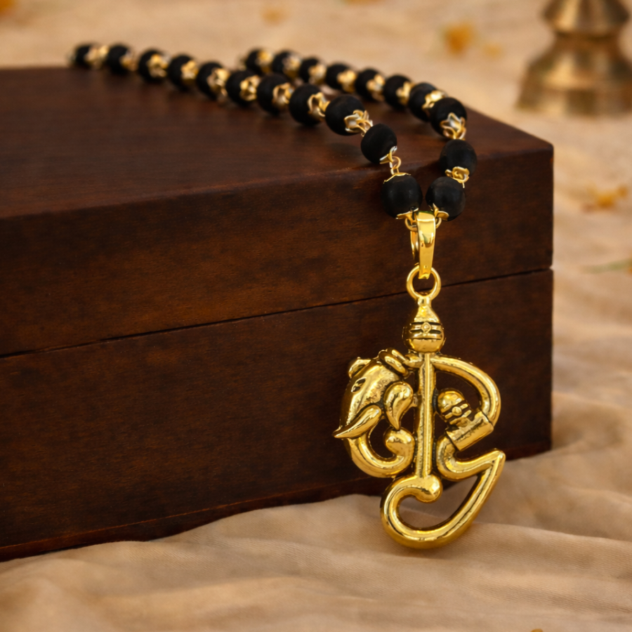 Karungali Gold Cap Mala with Shiv Ganesh Murugan Pendant