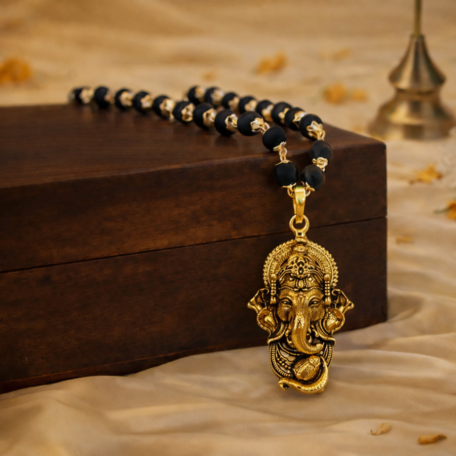 Karungali Gold Cap Mala with Ganesh Pendant