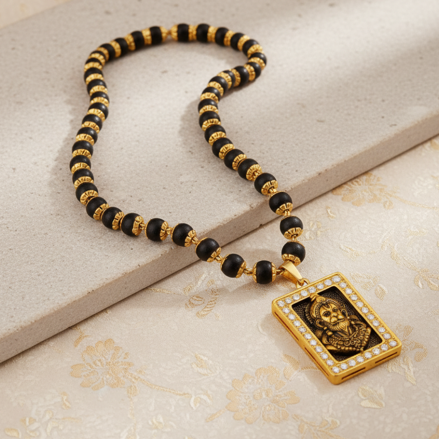 Karungali Gold Cap Mala with Hanuman Pendant