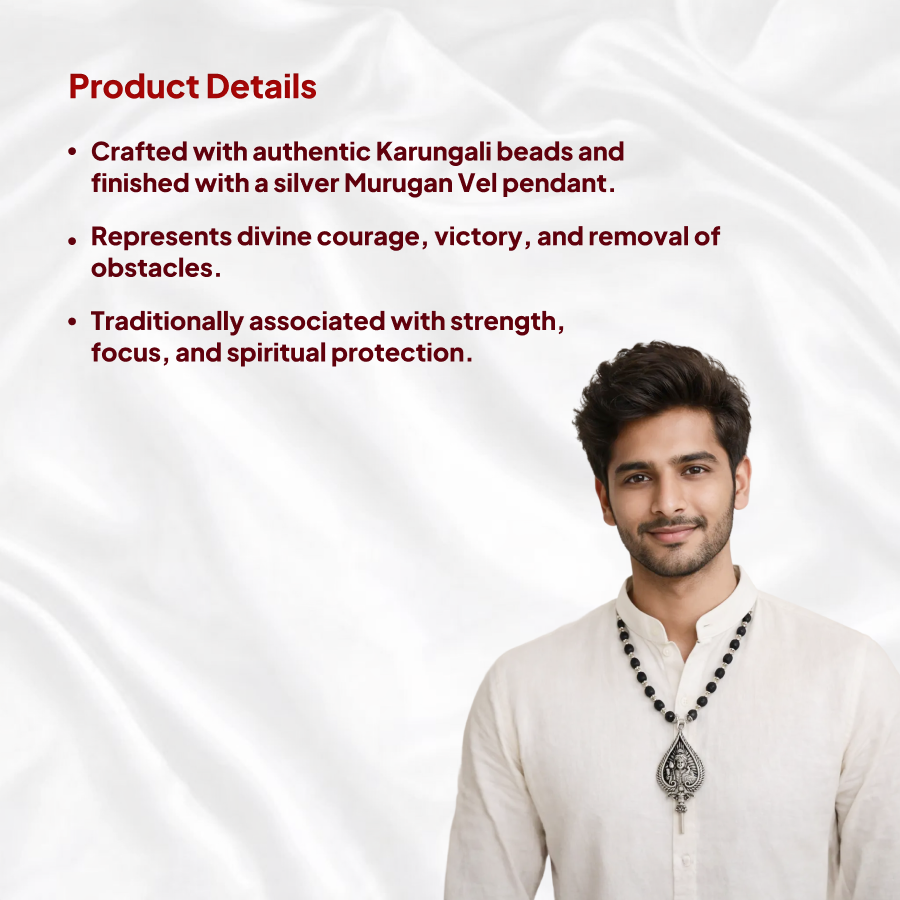 Karungali Silver Cap Mala with Murugan Vel Pendant