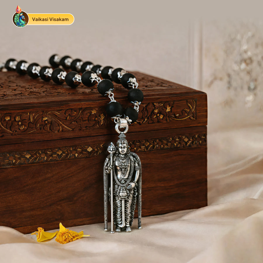 Karungali Silver Cap Mala with Lord Murugan Idol Pendant