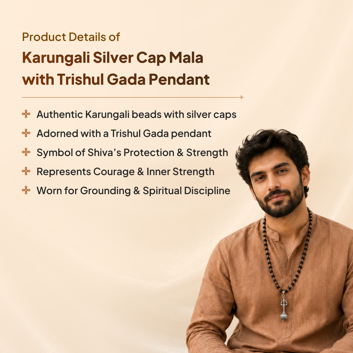 Karungali Silver Cap Mala with Trishul Gada Pendant