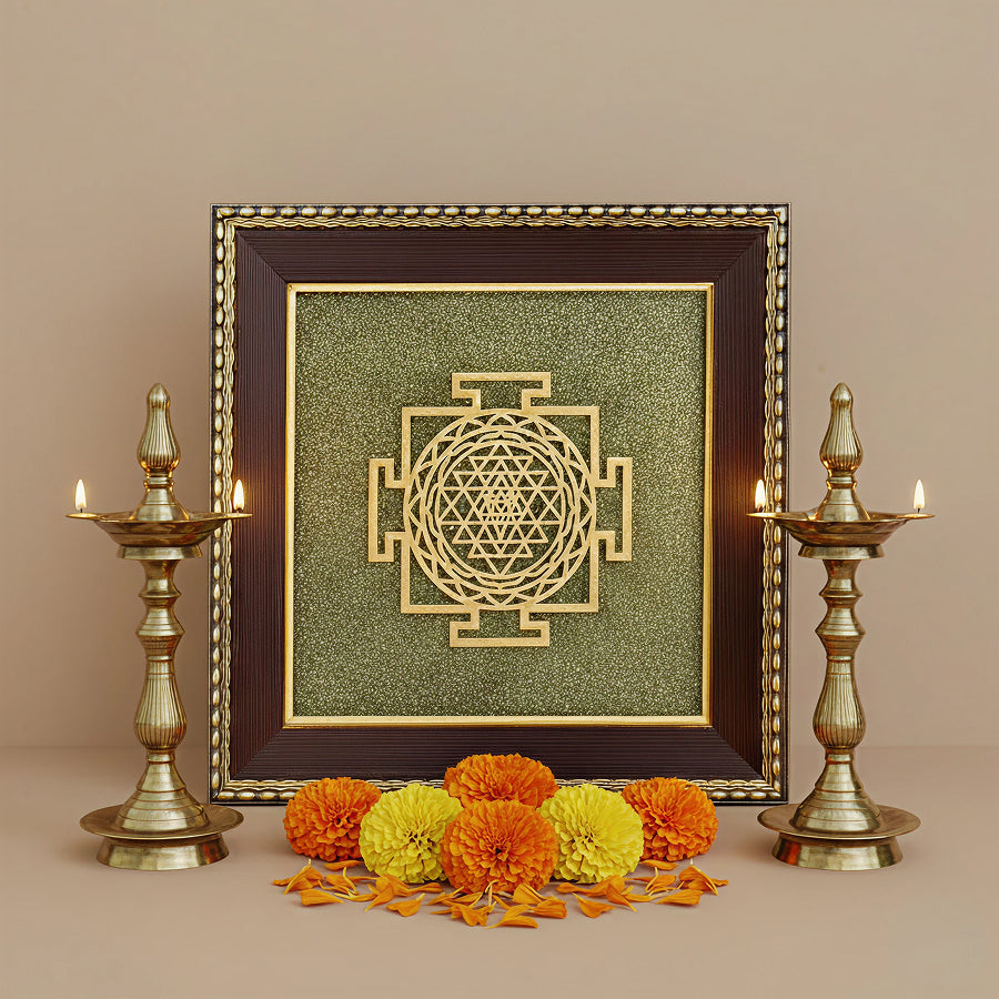 Shri Yantra on Raw Pyrite Frame