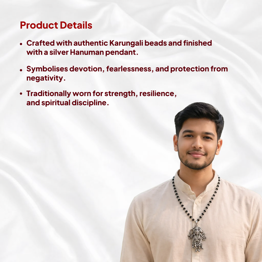 Karungali Silver Cap Mala with 5 Mukhi Hanuman Pendant