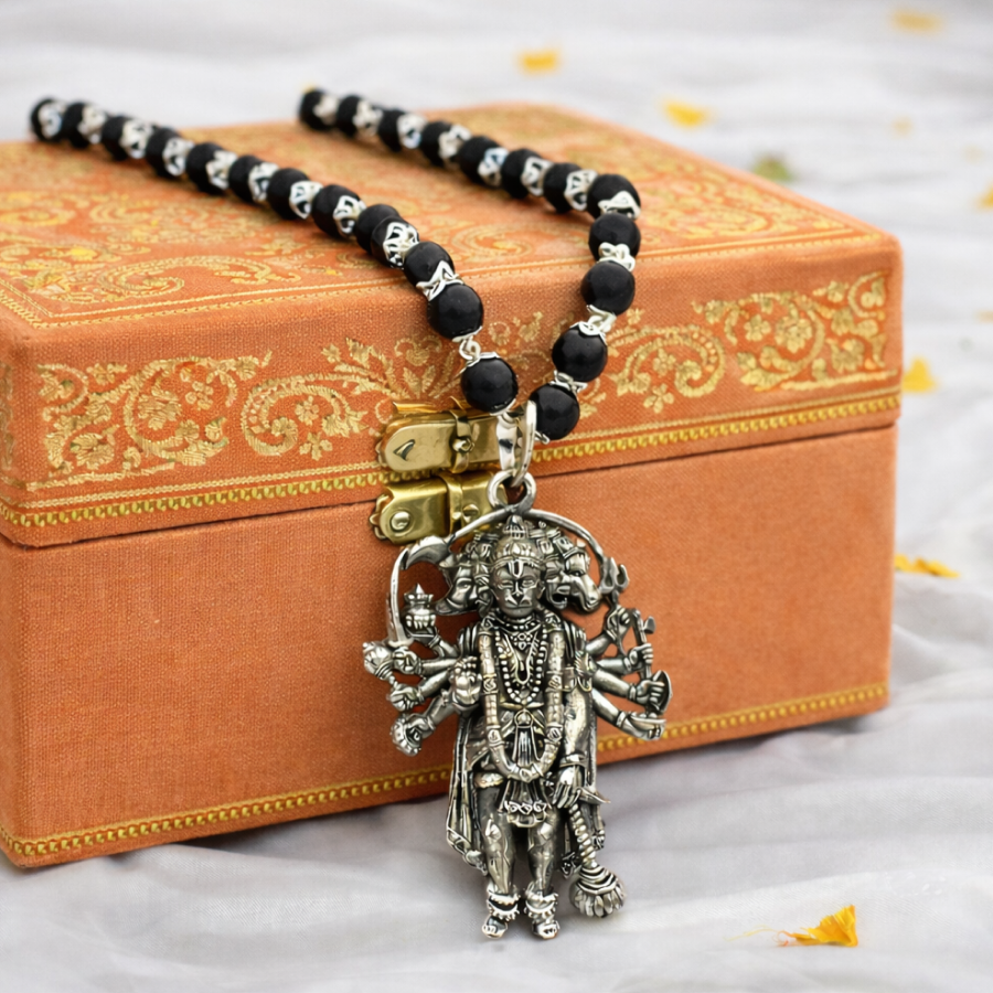Karungali Silver Cap Mala with 5 Mukhi Hanuman Pendant