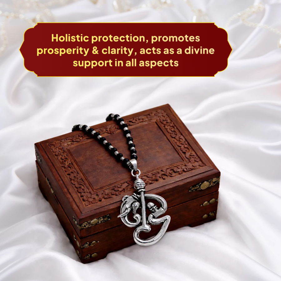 Karungali Silver Cap Mala with Shiv Ganesh Murugan Pendant