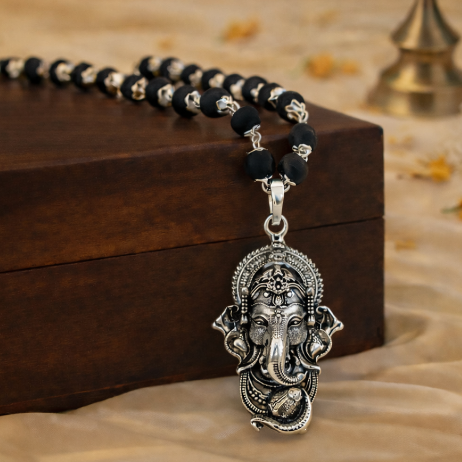 Karungali Silver Cap Mala with Ganesh Pendant