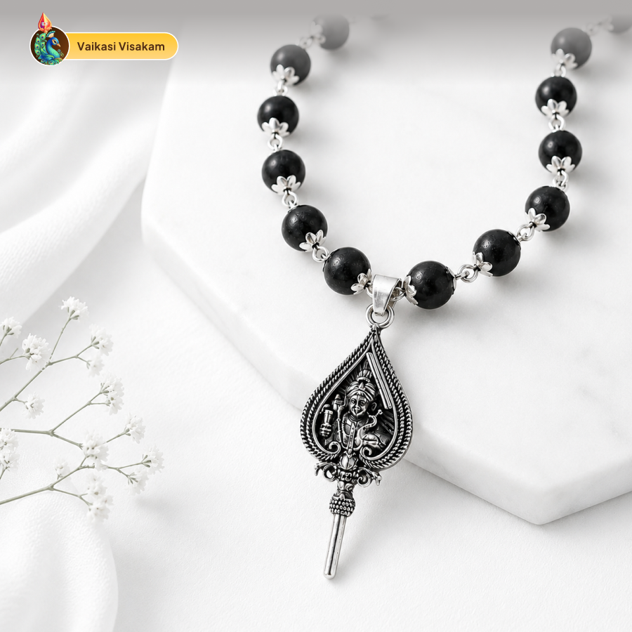 Karungali Silver Cap Mala with Murugan Vel Pendant