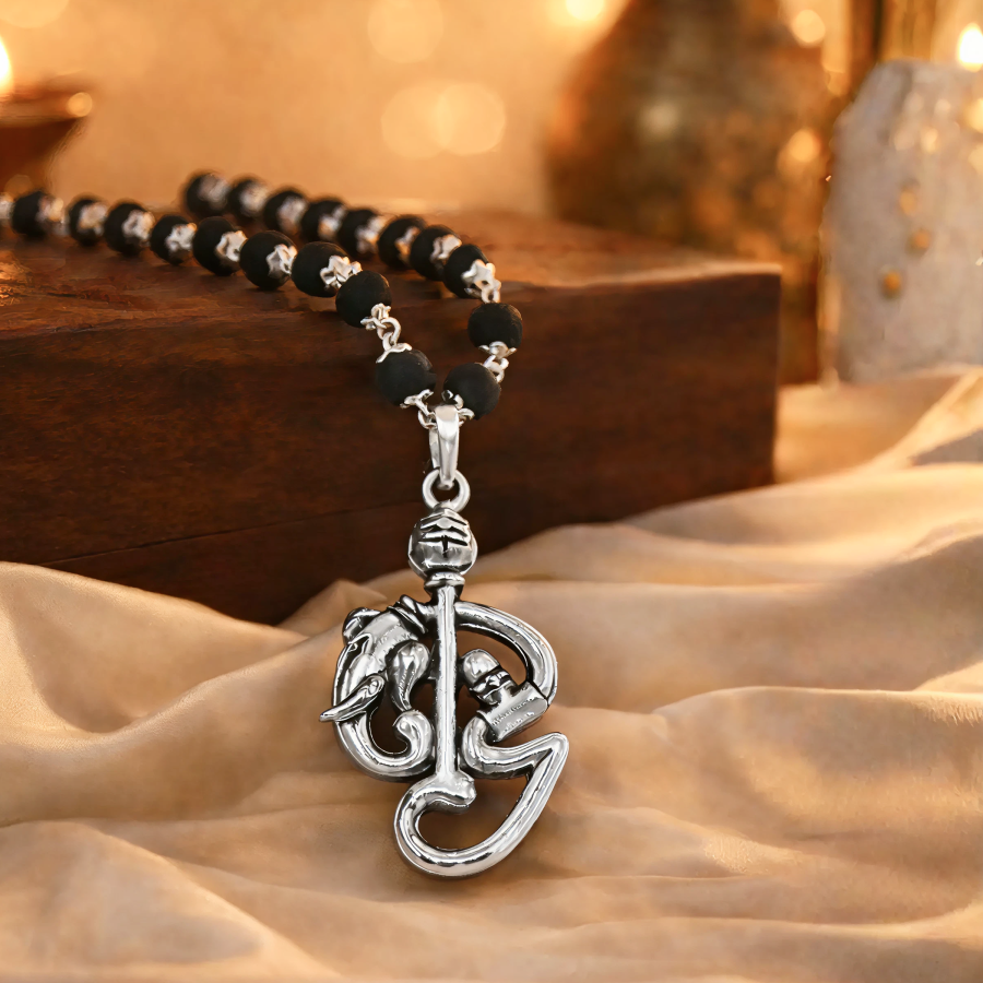 Karungali Silver Cap Mala with Shiv Ganesh Murugan Pendant