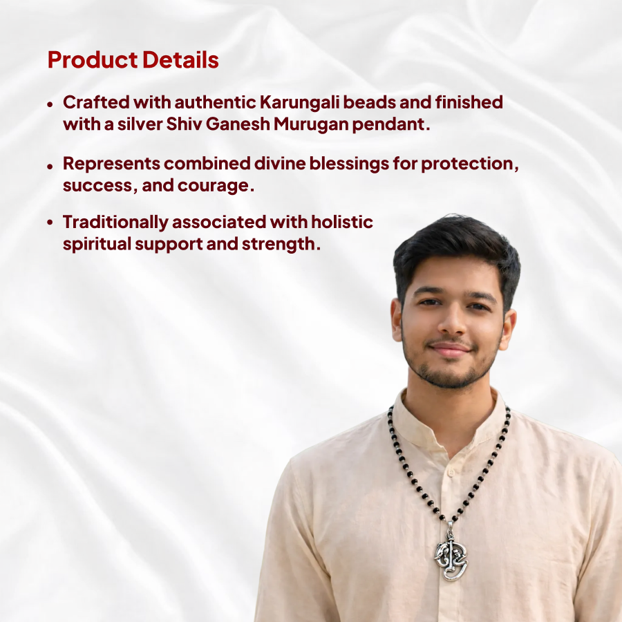 Karungali Silver Cap Mala with Shiv Ganesh Murugan Pendant