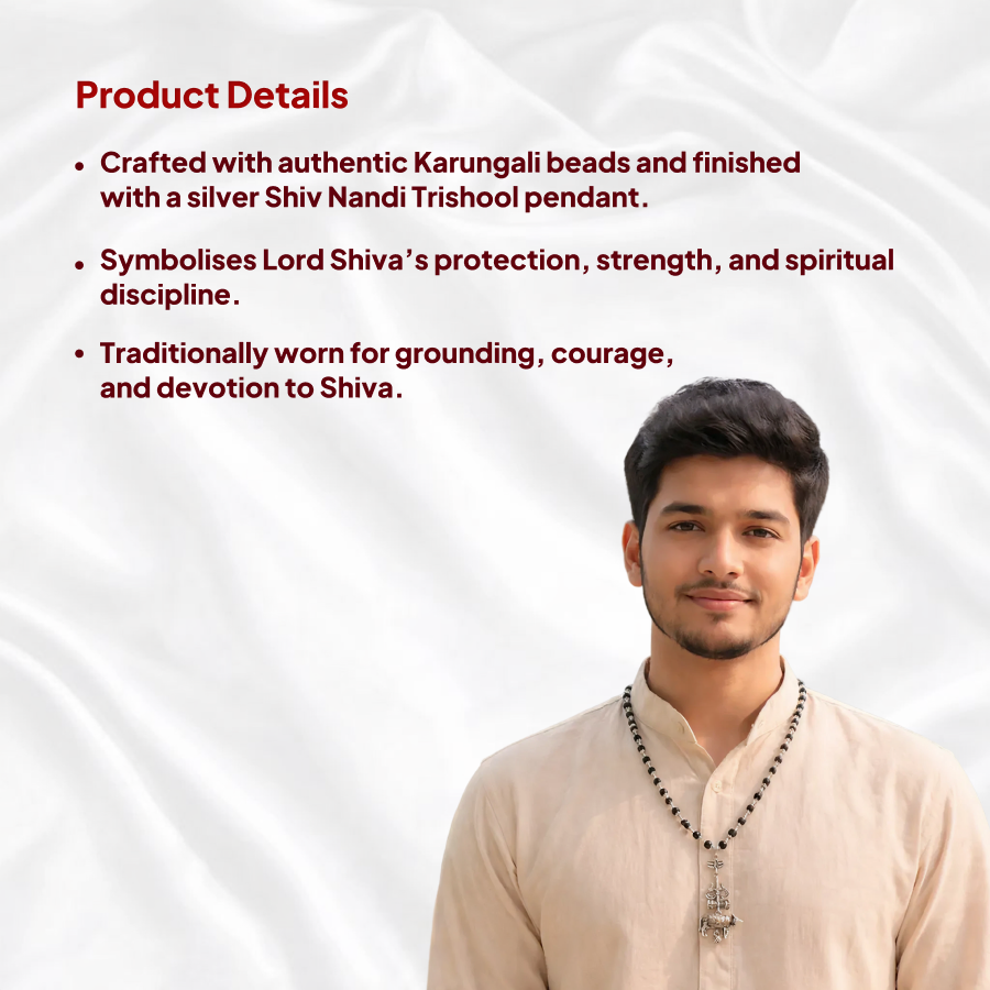 Karungali Silver Cap Mala with Shiv Nandi Trishool Pendant
